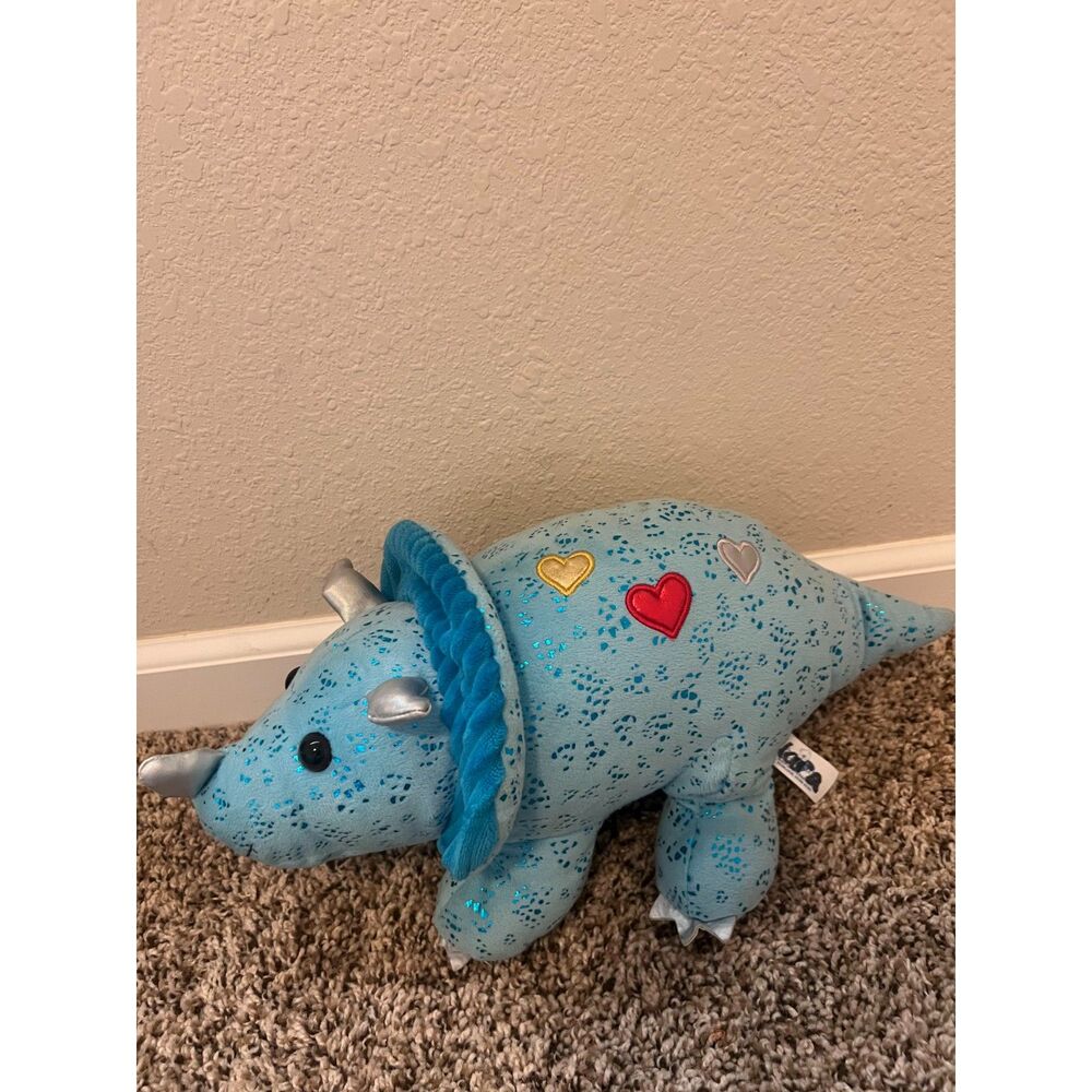 Hug Fun Blue Shinny Triceratops Plush Toy w/ Hearts Sliver Horns more than 12''
